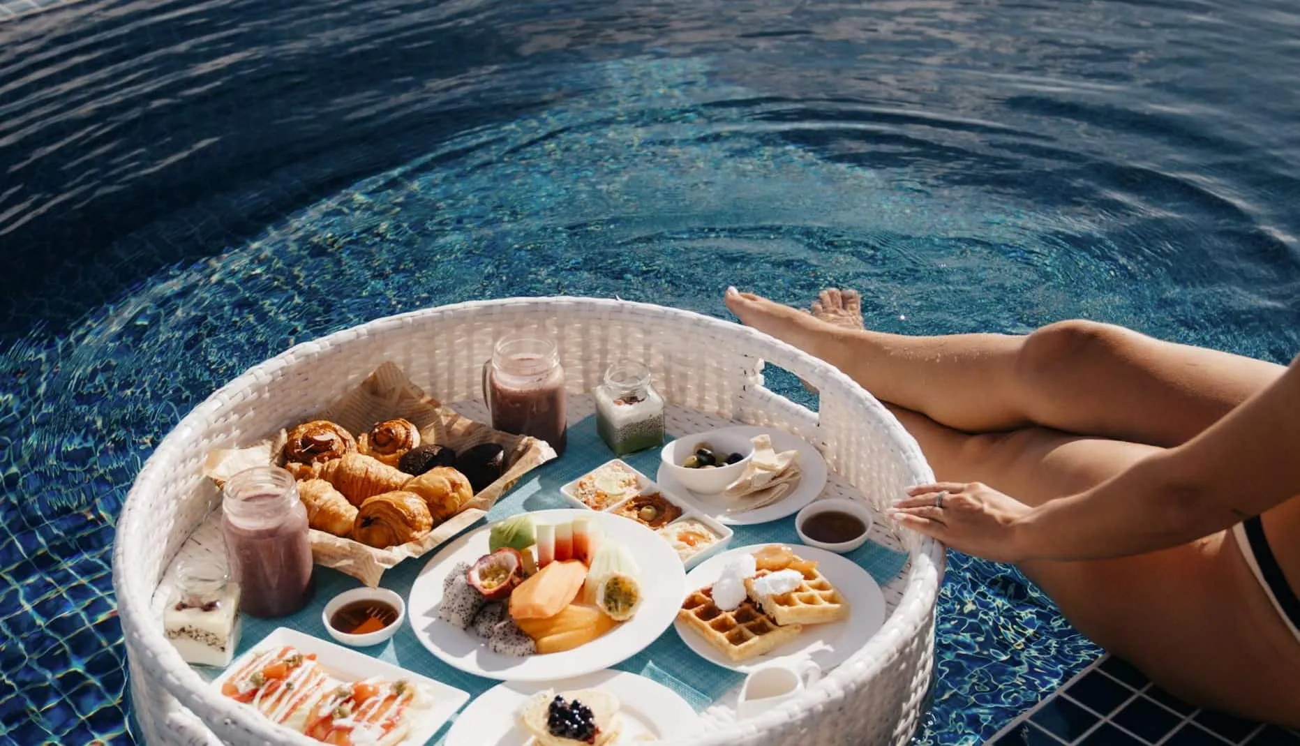 Floating breakfast in a villa pool at Radisson Blu Resort Maldives